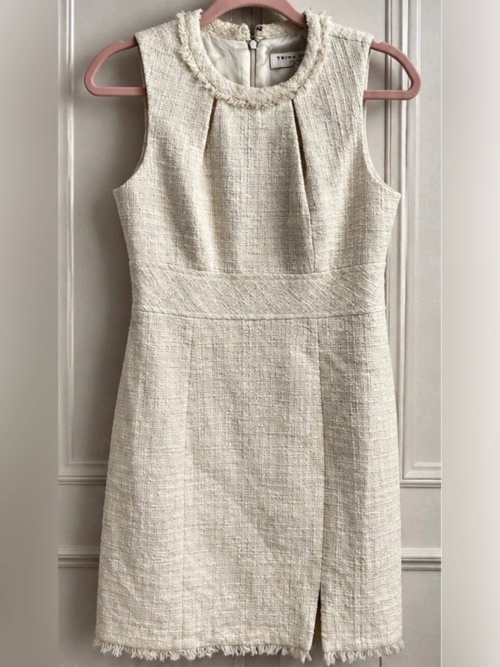 TRINA TURK Cream Ivory Tweed Sheath Dress Fringe Trim Made in USA – Size 6